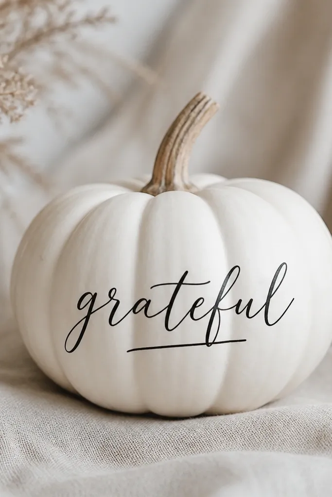 A white mini pumpkin with one hand-lettered word in black cursive across the center belly area, with a small underline stroke.