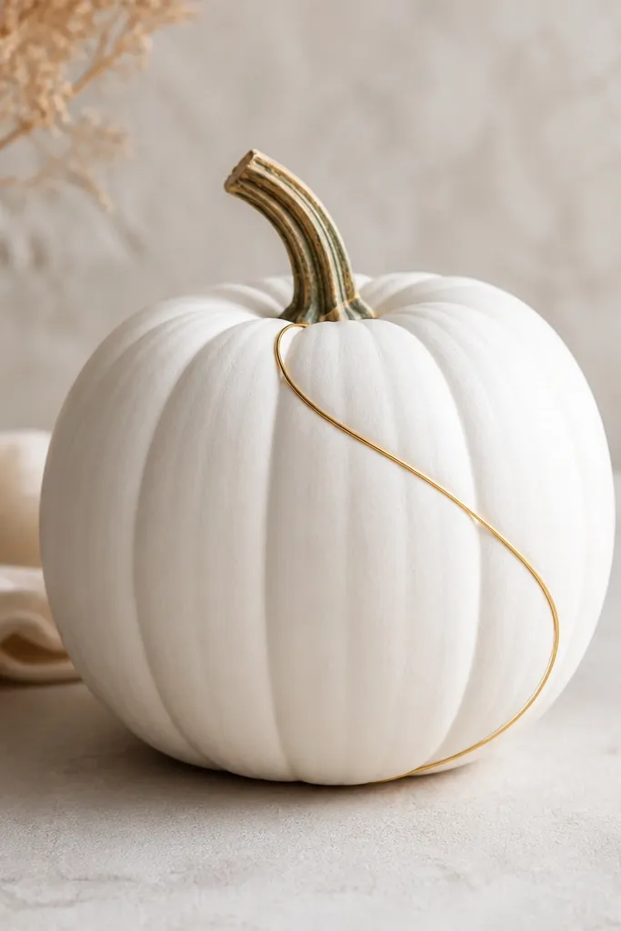 A white pumpkin with a single elegant gold line that wraps diagonally from near the stem to the lower right side, like continuous wire art.