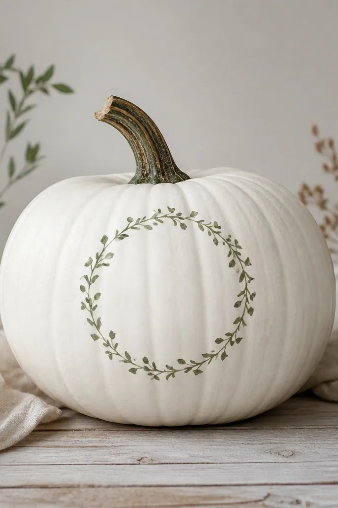 A white pumpkin with a thin green circle wreath drawn on the belly, made of small leaf-like marks around a central ring.