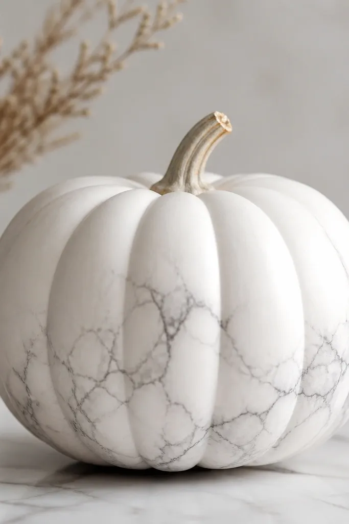 A white pumpkin with thin gray marble veining, branching like stone patterns. The veins are subtle and mostly on the lower half.