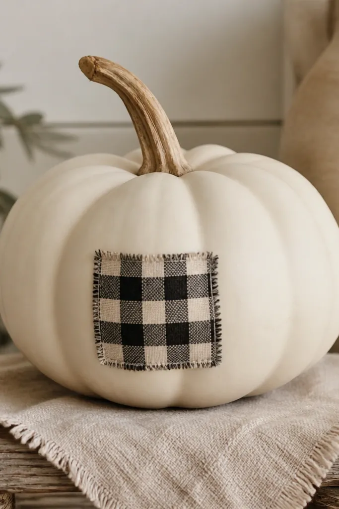 A white pumpkin with a small buffalo check square on the belly in muted black and off-white, like a patch of plaid fabric.