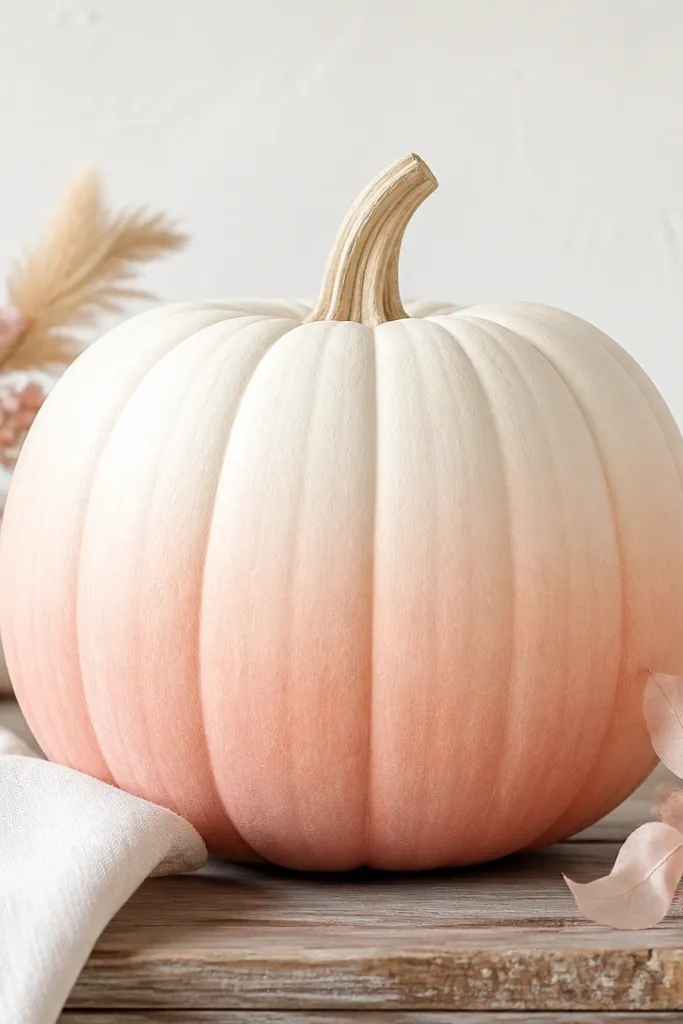 A white pumpkin with a soft pastel ombre fade from white at the top to pale peach and blush at the lower belly, with a smooth gradient.