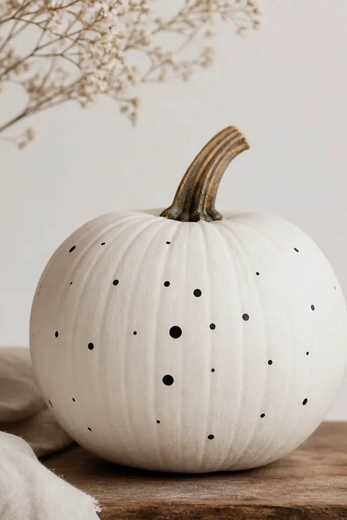 A white pumpkin with scattered matte black dots that resemble a small constellation, with a few slightly larger dots near the center.