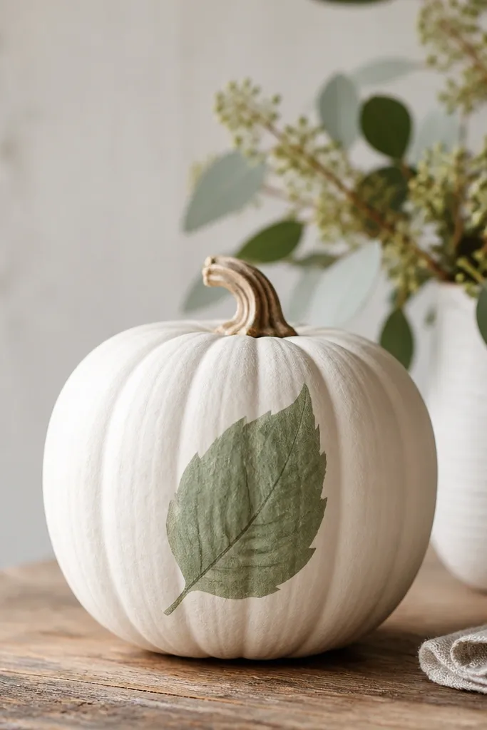 A white pumpkin with a single sage green leaf silhouette painted on one side, with a darker green vein line in the center.