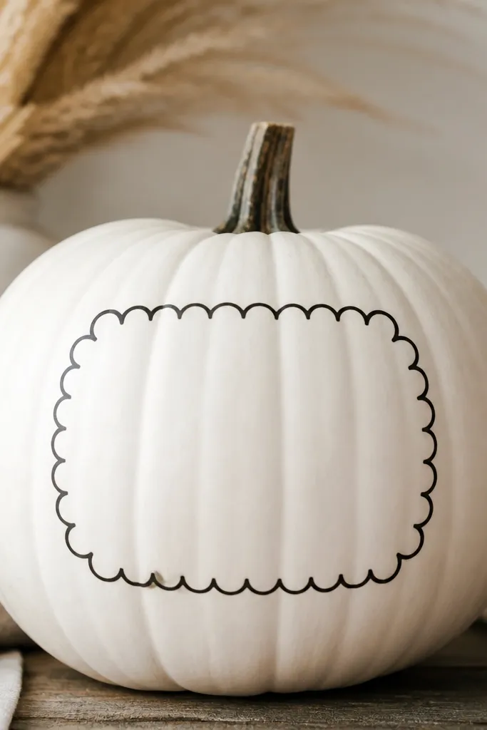 A white pumpkin with a thin black scalloped border drawn around the belly, like a mini picture frame made of half-moon shapes.