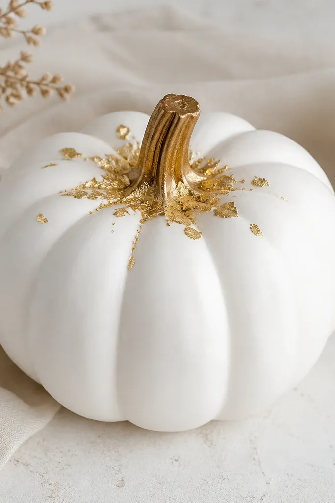 A white pumpkin with gold leaf only around the stem base and a few tiny flakes near the top ridges. The rest is plain white.