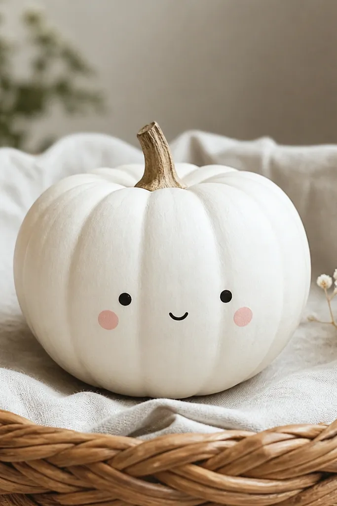 A white pumpkin with a tiny simple face: two small black dot eyes, a small curved mouth, and blush pink cheek circles on each side.
