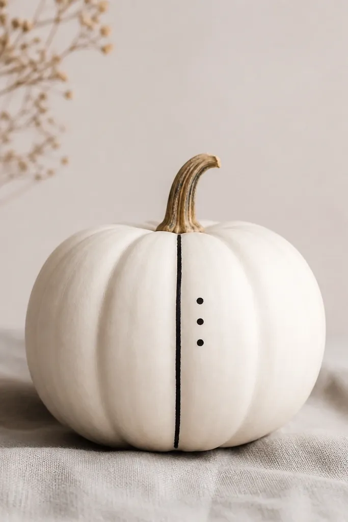 A white pumpkin with one thin vertical black stripe down the center belly and three small black dots arranged near the stripe.