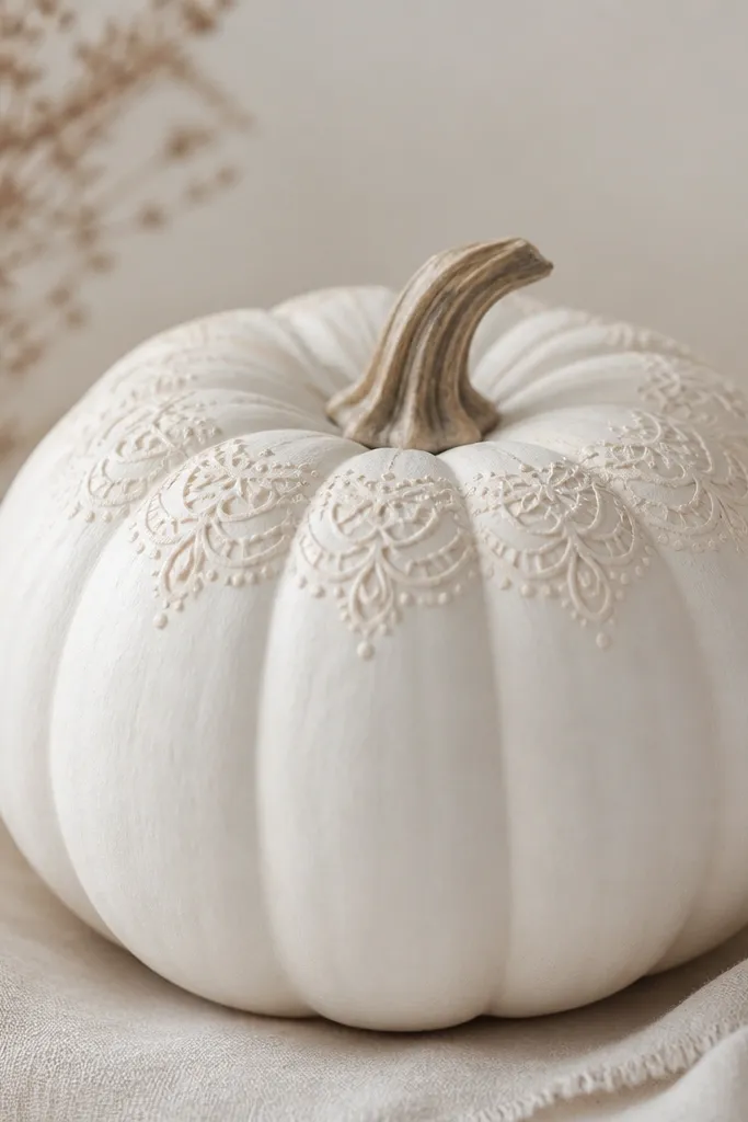A white pumpkin with a lace-like border painted around the top ridges using a slightly cream tone, with tiny loops and dots.