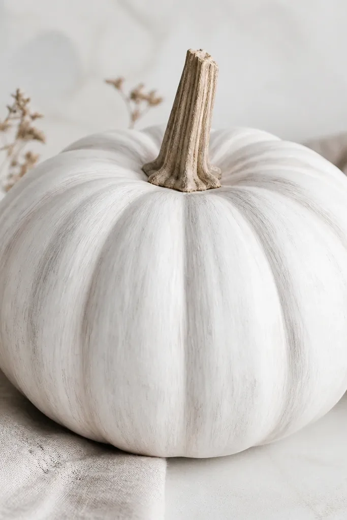 A white pumpkin where the ridges are dry-brushed with light gray, creating subtle alternating ridge highlights and shadows.