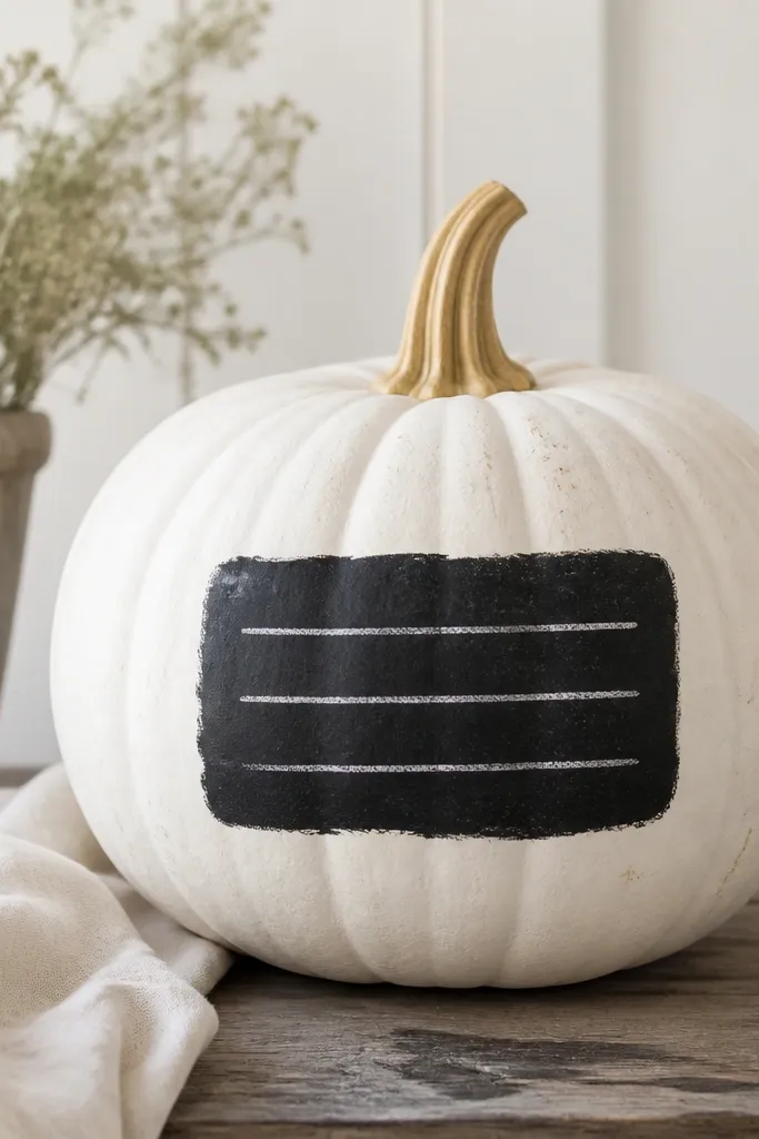 A white pumpkin with a small rectangular chalkboard label painted on the belly, with a few lines of white chalk-style writing.