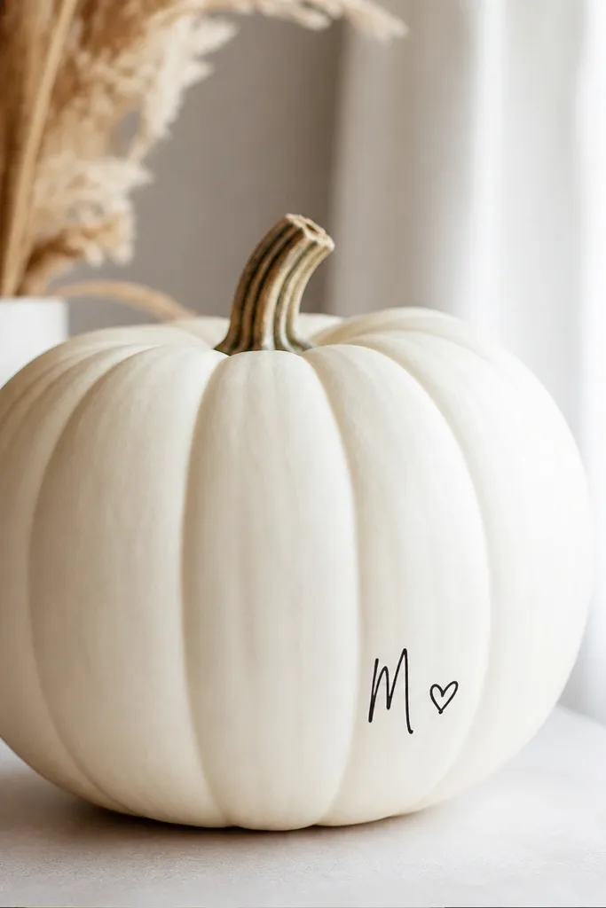 A white pumpkin with a small black monogram in one corner of the belly and a tiny heart beside it, both in a clean hand-drawn style.
