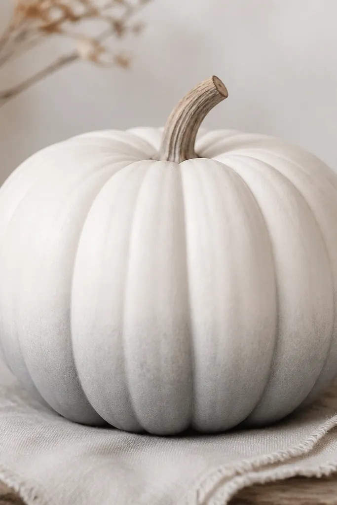 A white pumpkin where the upper ridges are pure white and the lower ridges fade into mist gray, with the fade following the ridge lines.