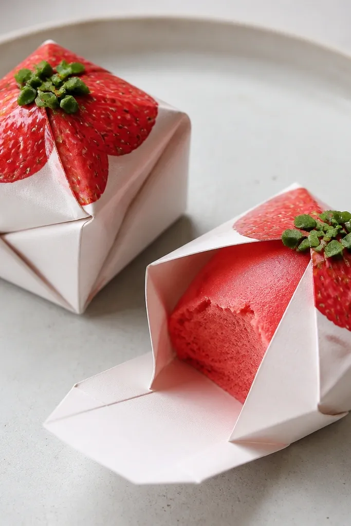 A small folded paper pouch with a glossy red strawberry jam label, tiny green leaf bits on top, and a soft red foam center visible when opened.