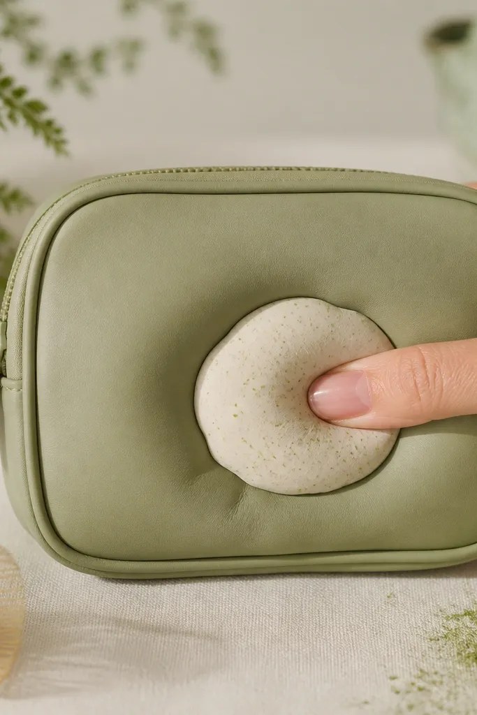 A sage-green mini pouch with a cream-colored mochi label, speckled matcha dots, and a pale green batting squish that compresses when pressed.