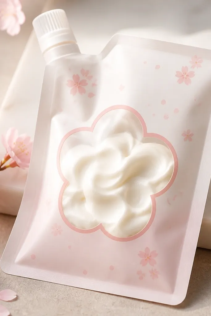 A pale pink and white paper pouch with a cloud-shaped label, small cherry blossom dots, and a white foam center that looks like whipped cream.