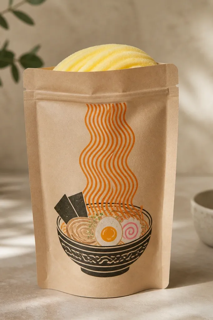 A beige kraft-style paper pouch with a ramen bowl illustration, orange noodle squiggles, and a yellow foam squish peeking from the top.