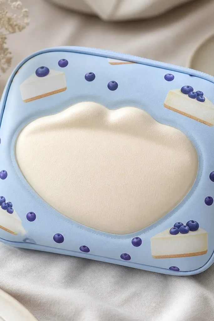 A light blue pouch with a cheesecake slice drawing, purple blueberry dots, and a pale cream foam squishy center with a slight top ridge.