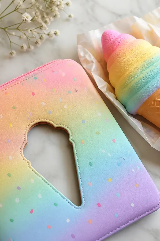 A pastel rainbow pouch with a cone cutout, multicolor sprinkle dots, and a cone-shaped foam squish wrapped in paper.