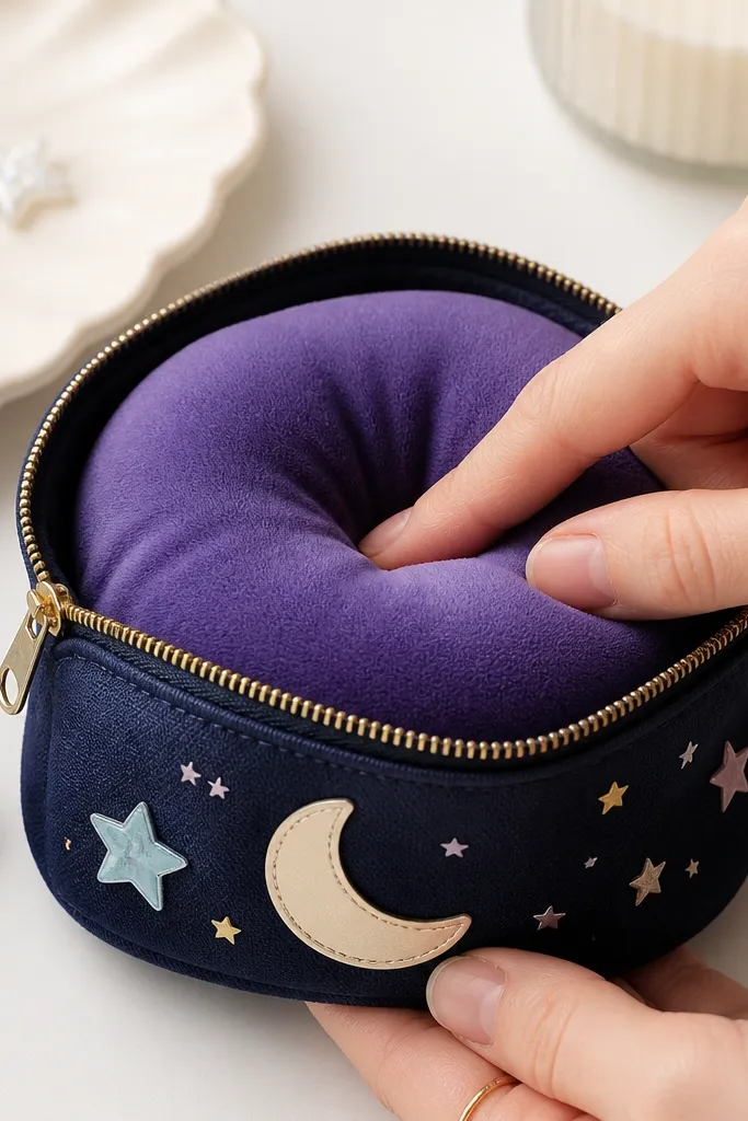 A dark navy pouch with star stickers, a crescent moon label, and a deep purple foam squishy center that compresses like a tiny pillow.