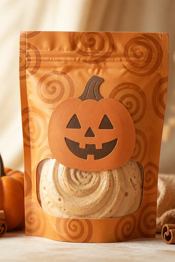 A warm orange and tan paper pouch with a pumpkin face label, cinnamon swirl pattern, and a tan foam squish inside.