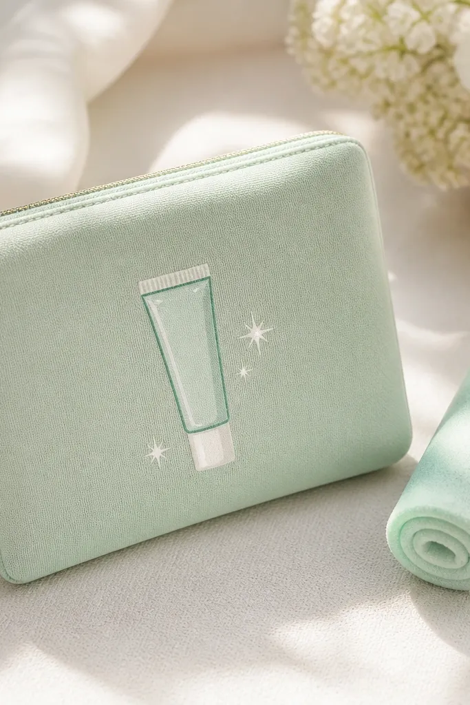 A pastel mint pouch with a small tube illustration, white highlights, and a rolled mint foam insert shaped like a tiny balm.