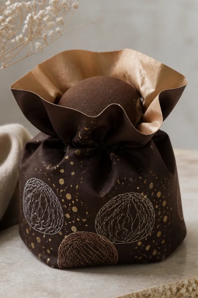 A dark brown pouch with a truffle wrapper drawing, gold accent dots, and a brown foam squishy center with a slightly crumpled paper top.