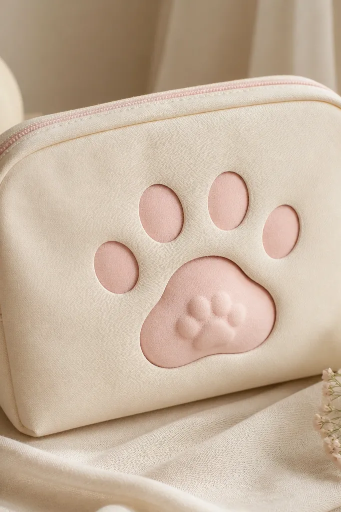 A cream pouch with a cat paw print cutout, pink paw pads, and a soft pink foam center shaped like a small paw.