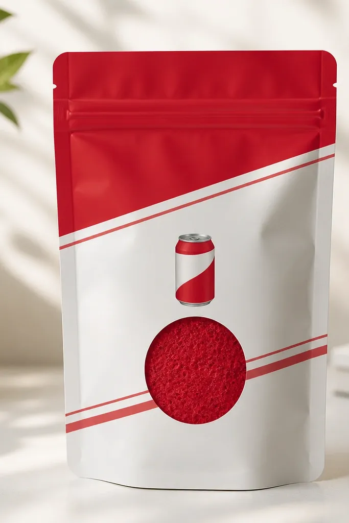 A red-and-white pouch with a tiny pop can illustration, diagonal stripe label, and a red foam squish behind a circular window.