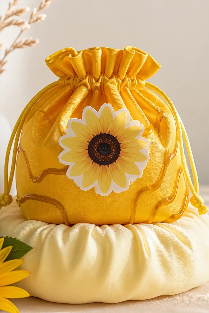 A golden yellow pouch with a sunflower sticker, honey drizzle lines, and a pale yellow batting squish that looks like a bun.