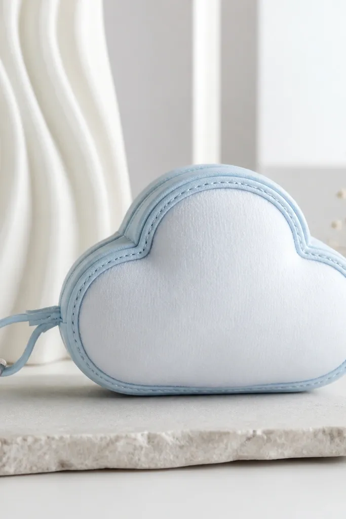 A light blue pouch shaped like a cloud, with a loop for a keychain, and a white foam squish inside that bulges slightly.