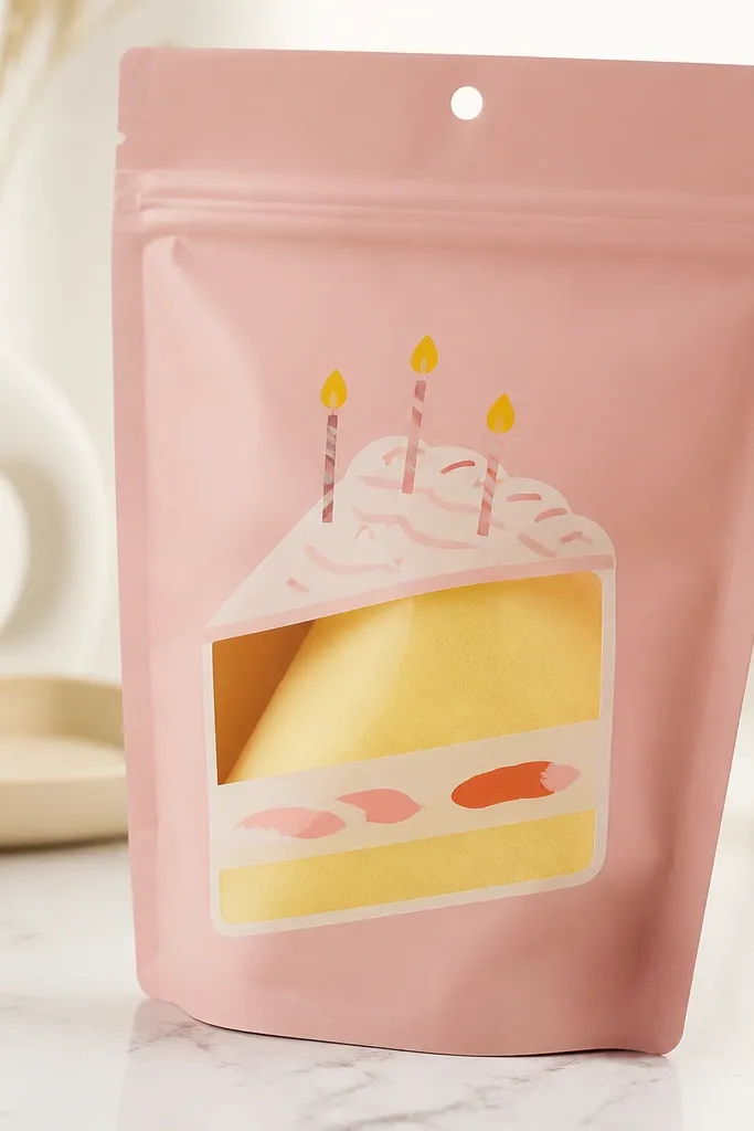 A pink pouch with a slice of cake illustration, three tiny candle shapes, and a yellow foam squish behind a front opening window.
