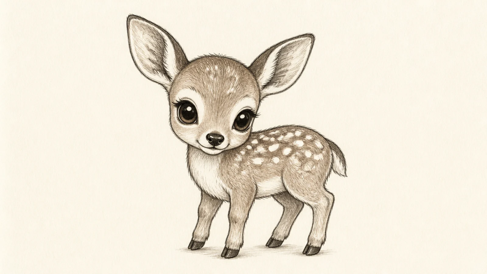 A baby deer standing with short legs, big ears, and soft spots