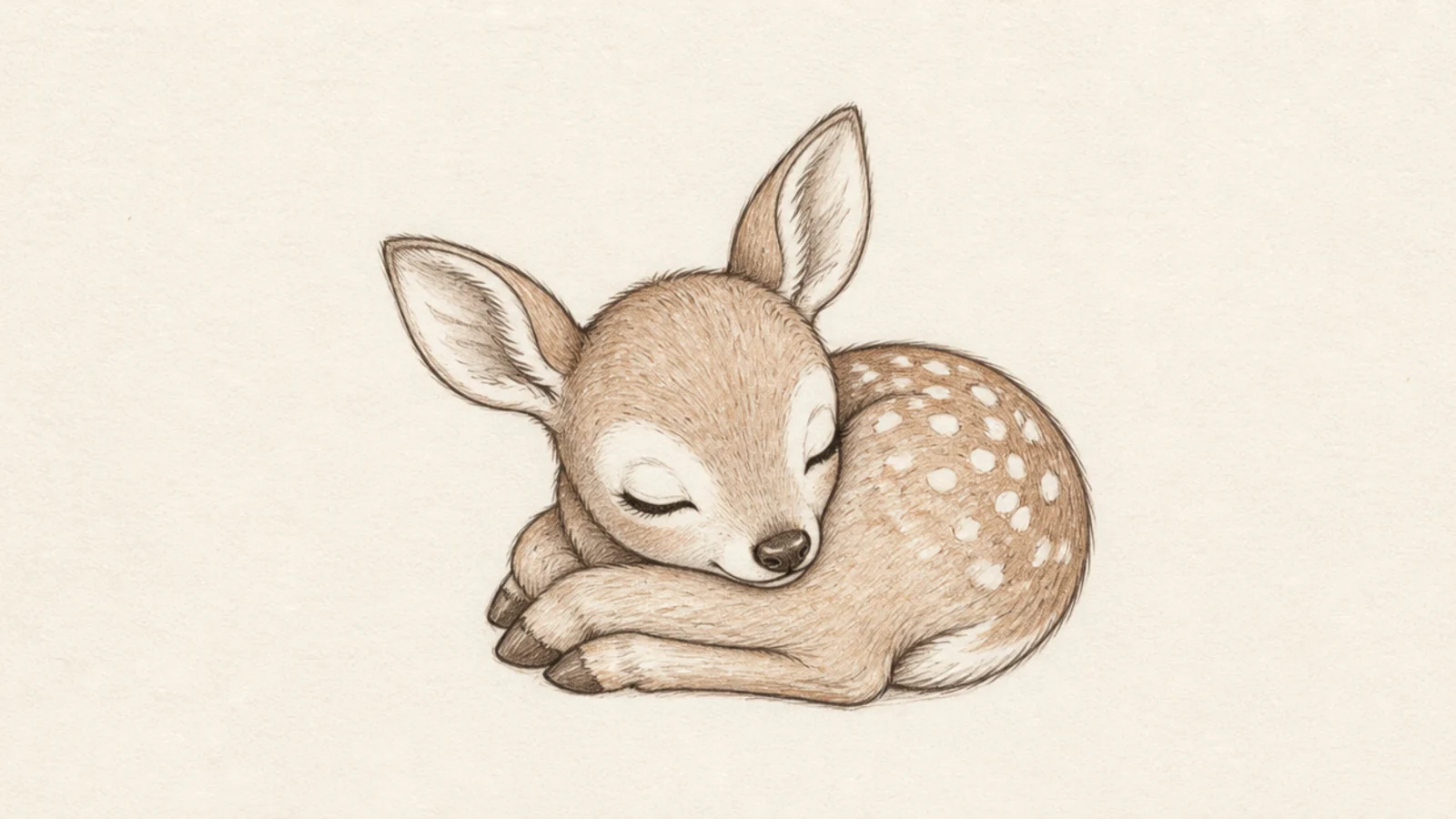 A baby deer curled asleep with its head tucked to its side