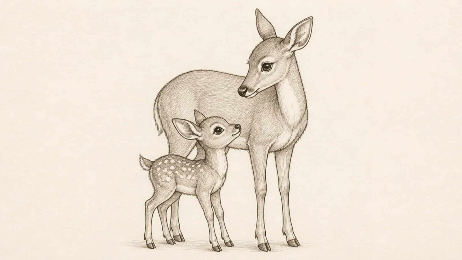 A small fawn standing close beside a larger doe