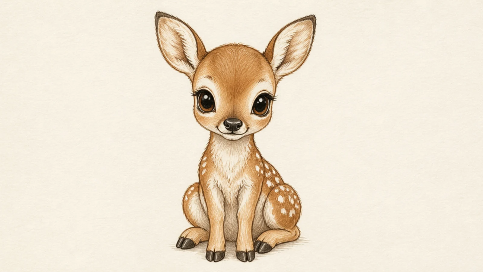 A baby deer sitting upright with front legs straight and back legs folded