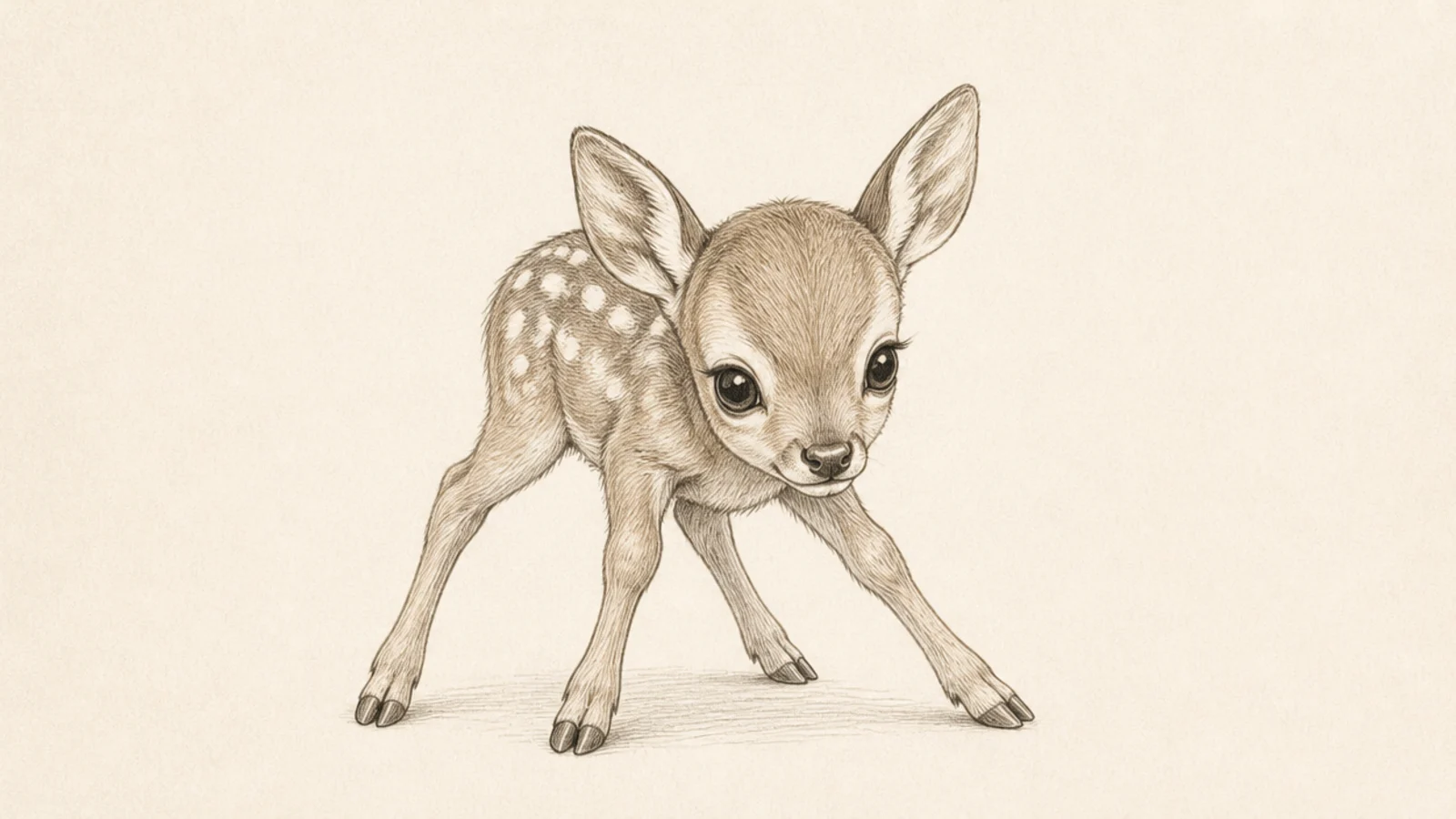 A newborn fawn on splayed shaky legs learning to stand
