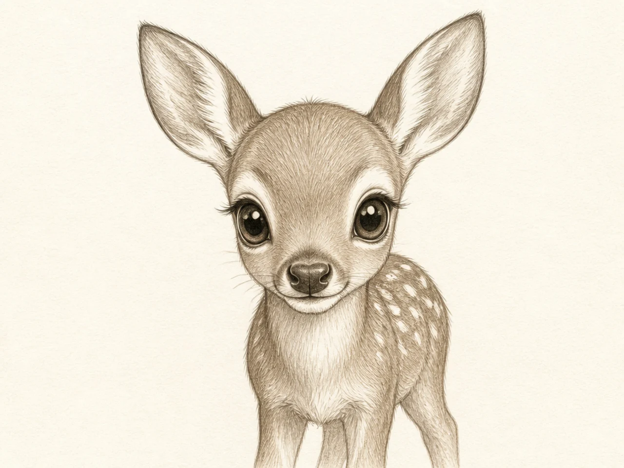 A close portrait of a fawn's spotted head and shoulders