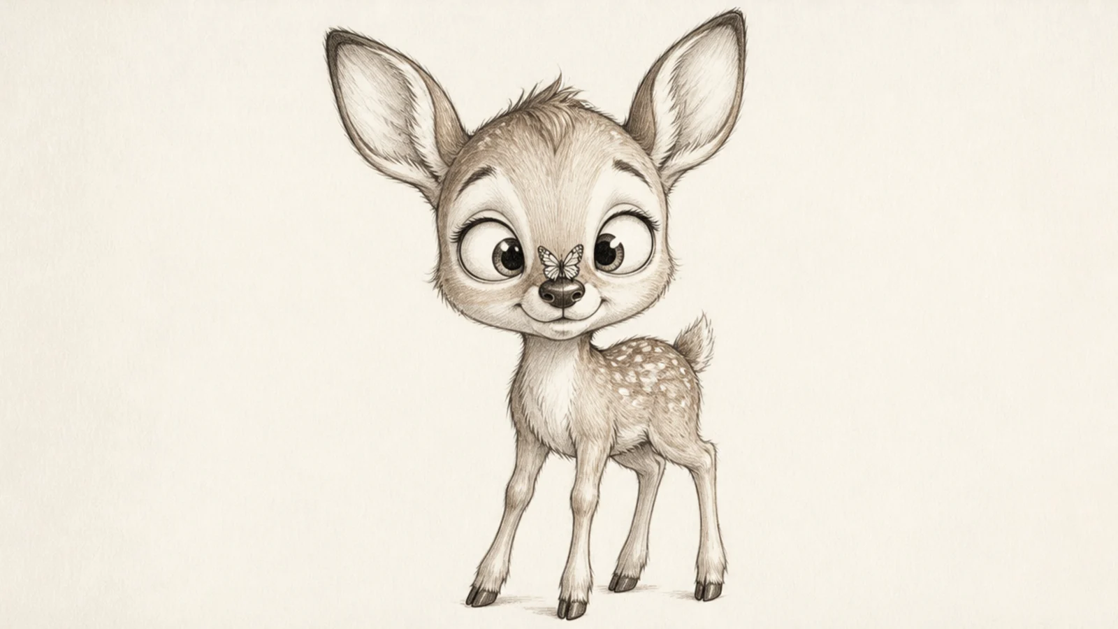A fawn looking cross-eyed at a butterfly resting on its nose