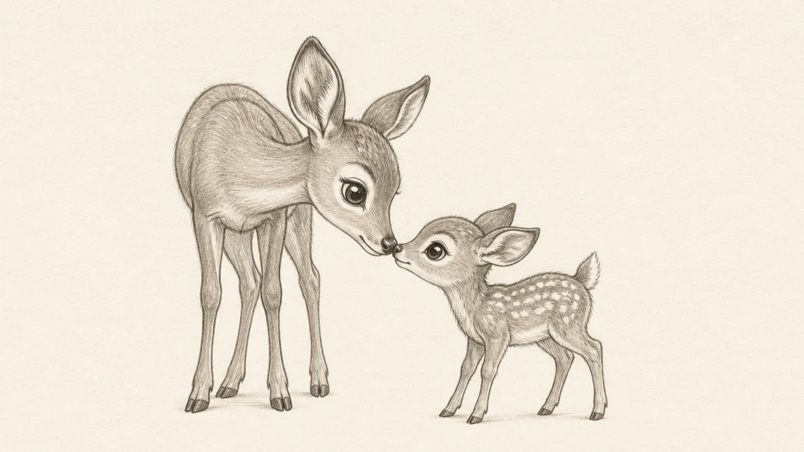 A fawn reaching up to nuzzle noses with its mother