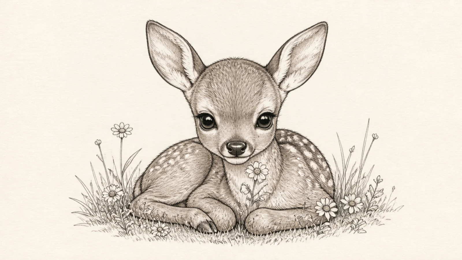 A fawn resting in a patch of small wildflowers