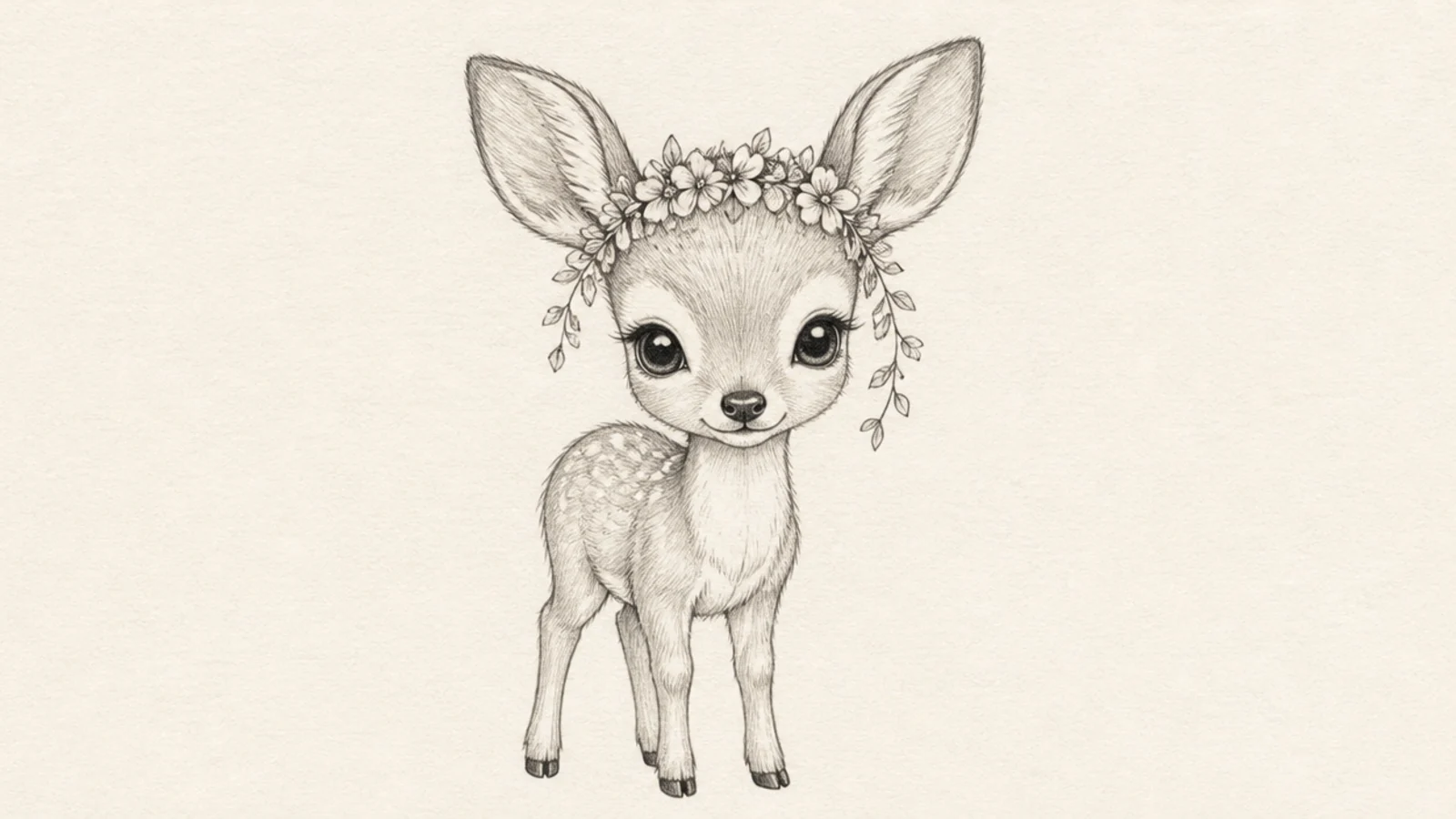 A fawn wearing a small crown of flowers on its head