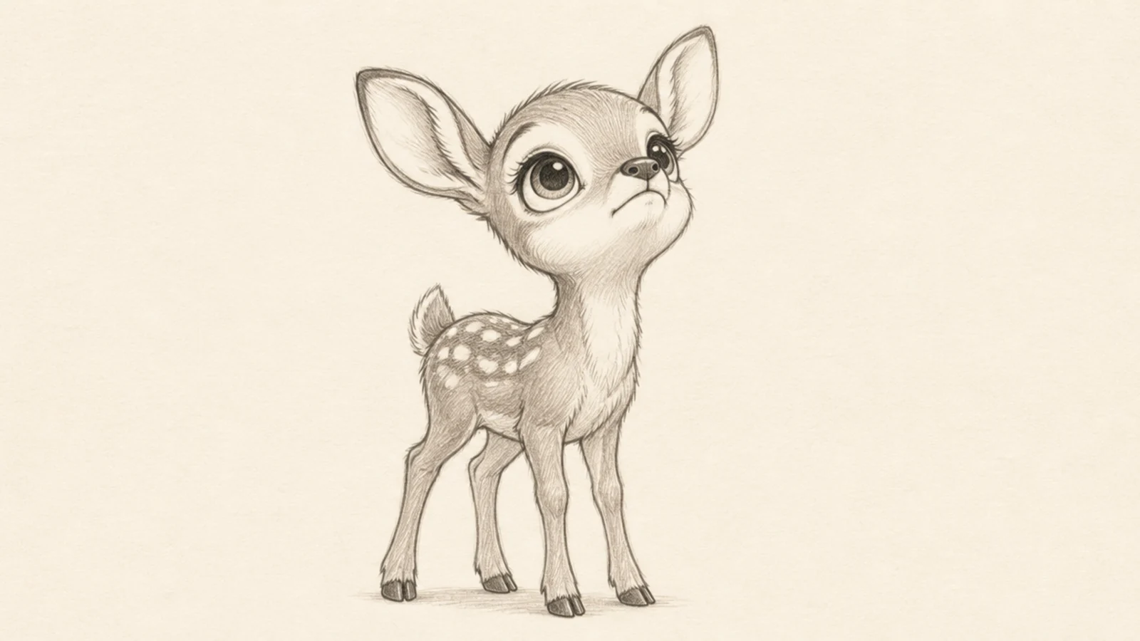A fawn tilting its head up to look at something above