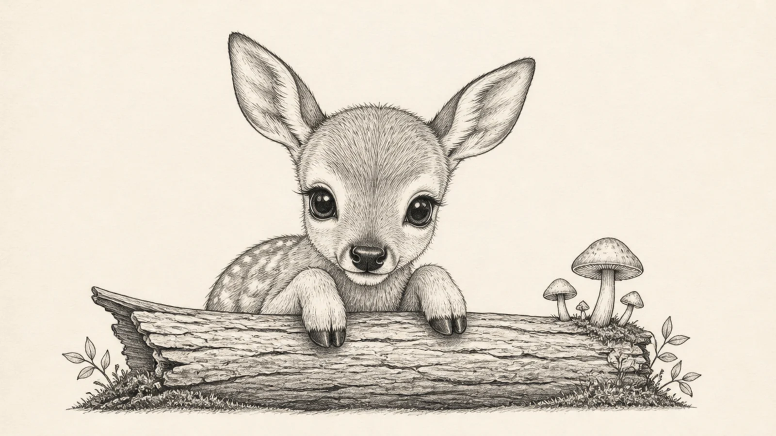 A fawn peering over a fallen log with only its head and front legs showing