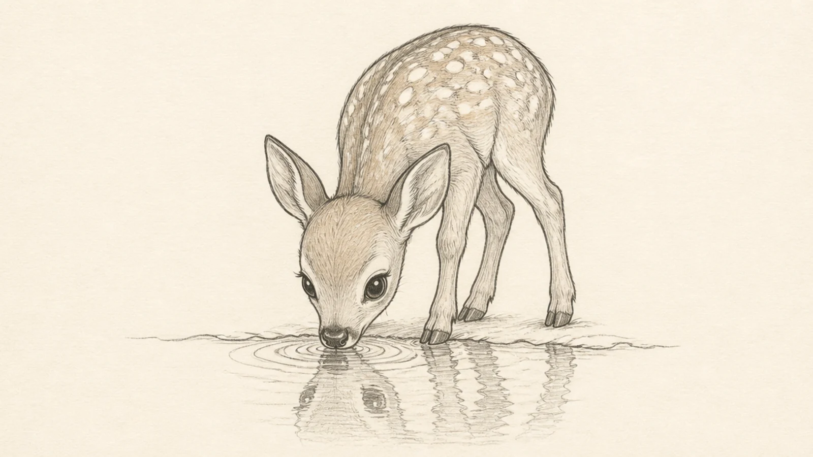 A fawn lowering its head to drink from a small stream