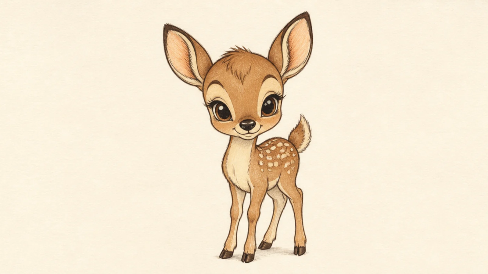 A large-eyed cartoon fawn in a classic animated style