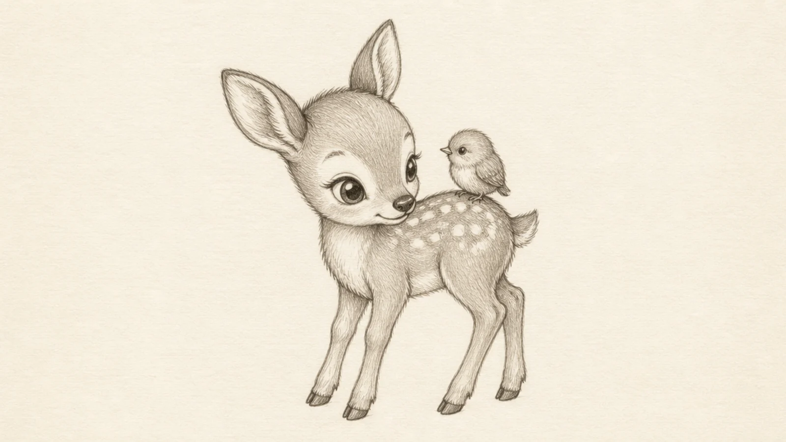 A fawn with a small bird perched on its back