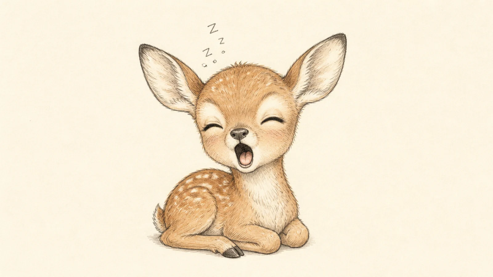 A fawn mid-yawn with a wide open mouth and squeezed-shut eyes