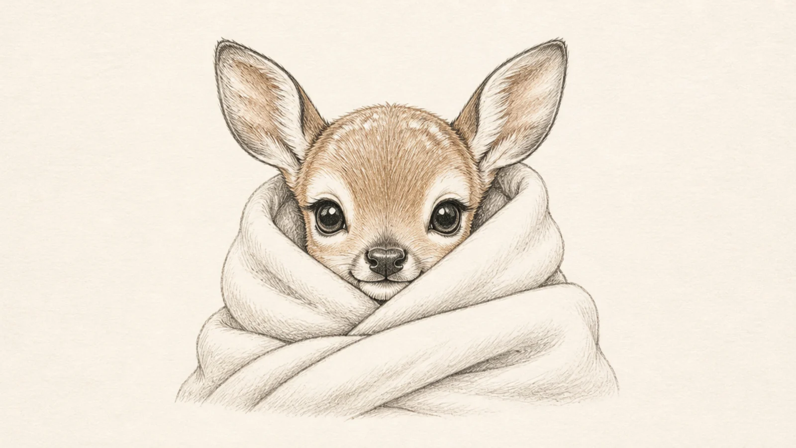 A fawn snuggled under a soft blanket with only its head showing