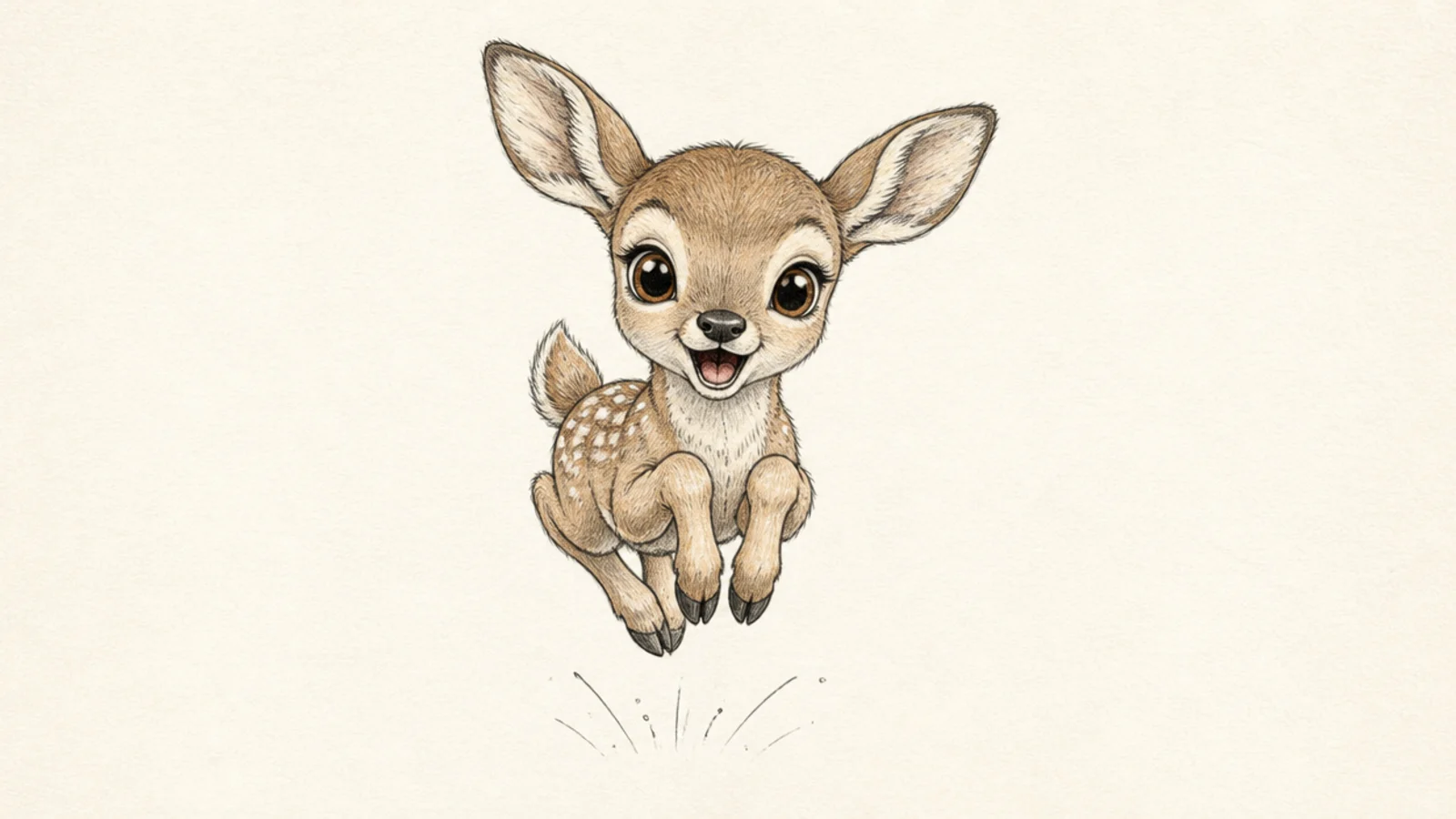 A fawn leaping straight up with all four legs off the ground
